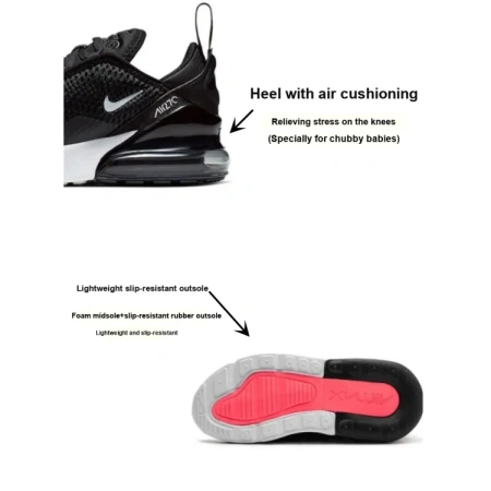 Nike Air Max 270 Амортизация Износостойкие Низкие Кроссовки для Детей Lifestyle Черные Белые для Возраста 3-7 Лет