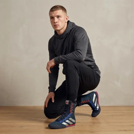 Adidas Box Hog 4 Удобная противоскользящая высокая обувь для бокса унисекс черного и серебряного цвета